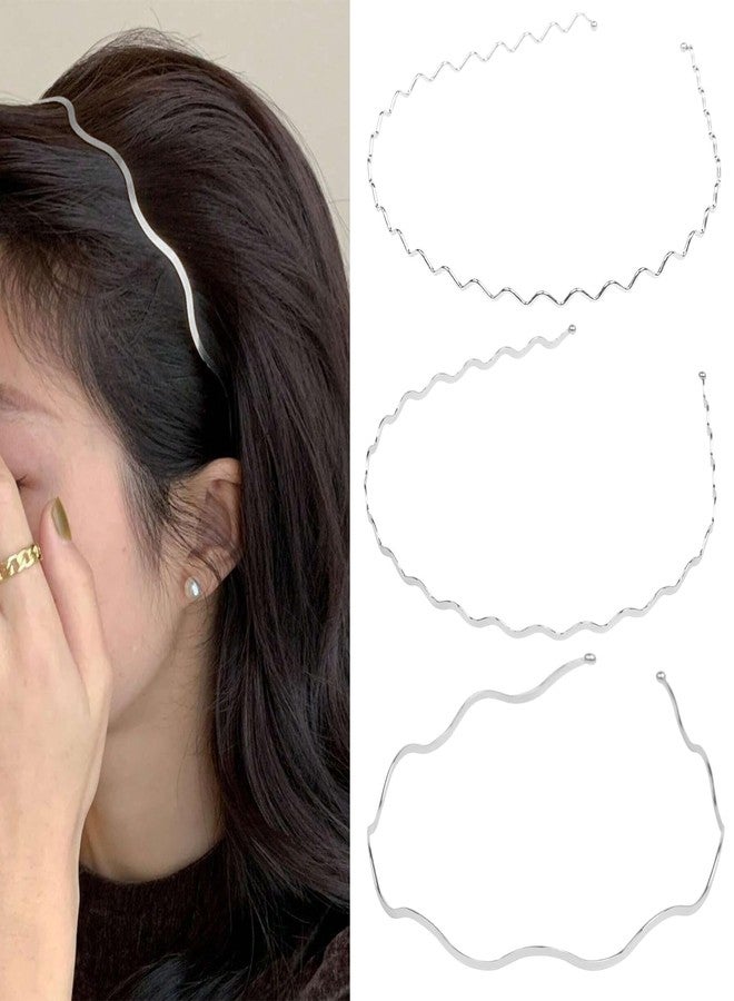 TEBIEKOY Silver Metal Headbands for Women, Elastic Hair Bands Stylish Thin Wavy Head Bands, Trendy Silver Hair Accessories Cute for Women Teens, 3 Pcs - Image 2